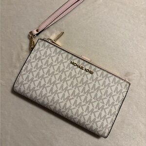 Michael Kors Monogram Wristlet Clutch in Cream and Pink